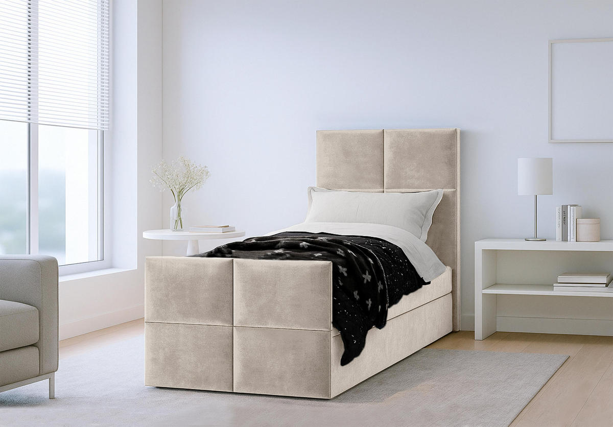 BOXBETT ALEYNA 90x200 cm mit Bettkasten und Matratze - Beige - Beige/Schwarz, Holz/Holzwerkstoff (90/200cm) - AX Living