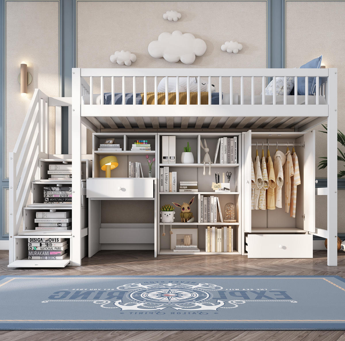 VYSOKÁ posteľ 90/200 cm biela z masívneho dreva a MDF s písacím stolom schodmi a úložným priestorom - biela, kompozitné drevo (90/200cm) - OKWISH