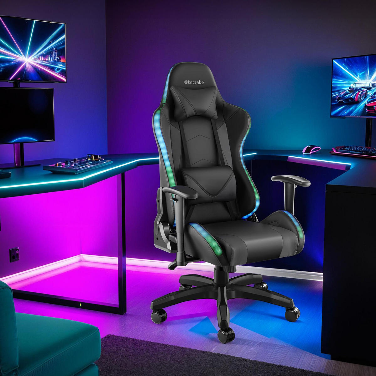 GAMINGSTUHL Tartaros,dicke Polsterung, Belastbarkeit 120 kg,schwarz/schwarz - Schwarz, Textil (66.5/126/69cm) - tectake