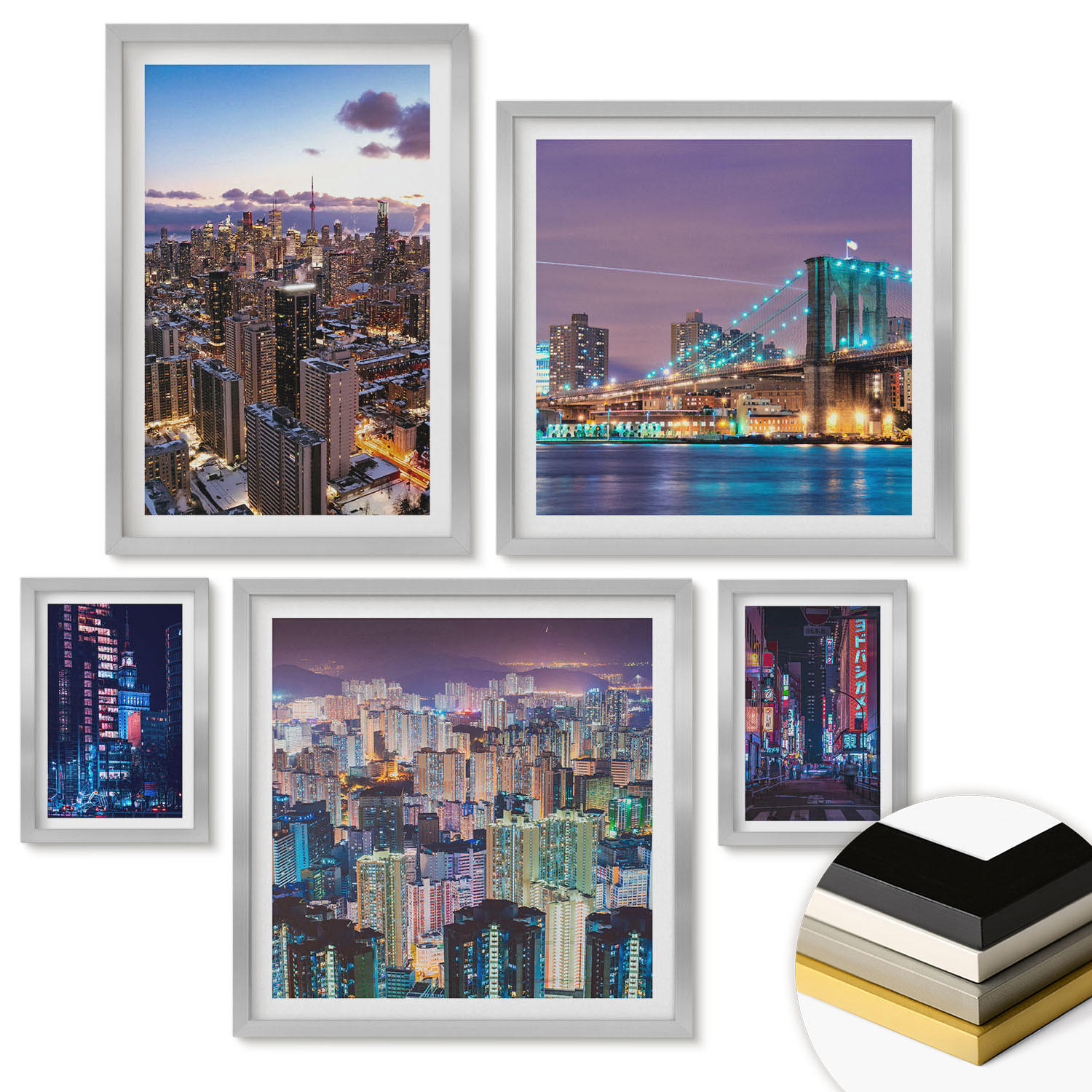 WANDBILDER 5er Set - 50x50 cm & 20x30 cm & 40x60 cm Silberner Rahmen - Bergblumen Himmelsweg - Silberfarben, Kunststoff (40/60cm) - ArtPrintCave