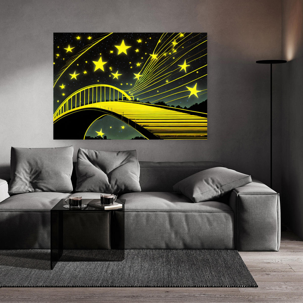 WANDBILD sterne brücke abstrakt neon - Gelb, Textil (60/40cm) - Feeby