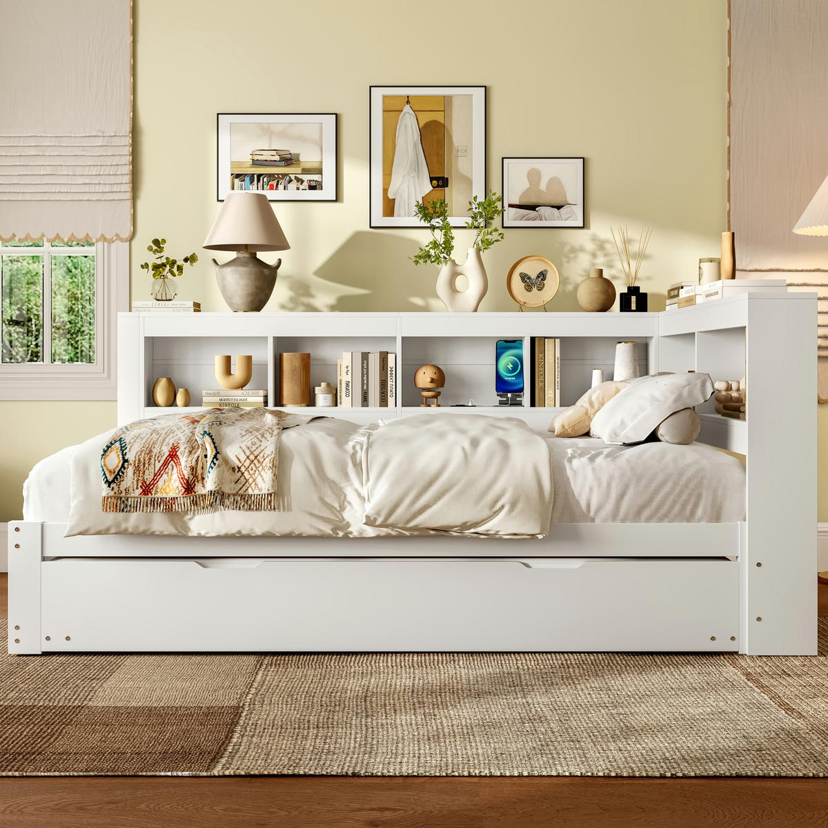 MULTIFUNKTIONSBETT 140/200 cm Weiß mit ausziehbarem Bett und USB-Anschlüssen - Weiß, Holz (140/200cm) - OKWISH