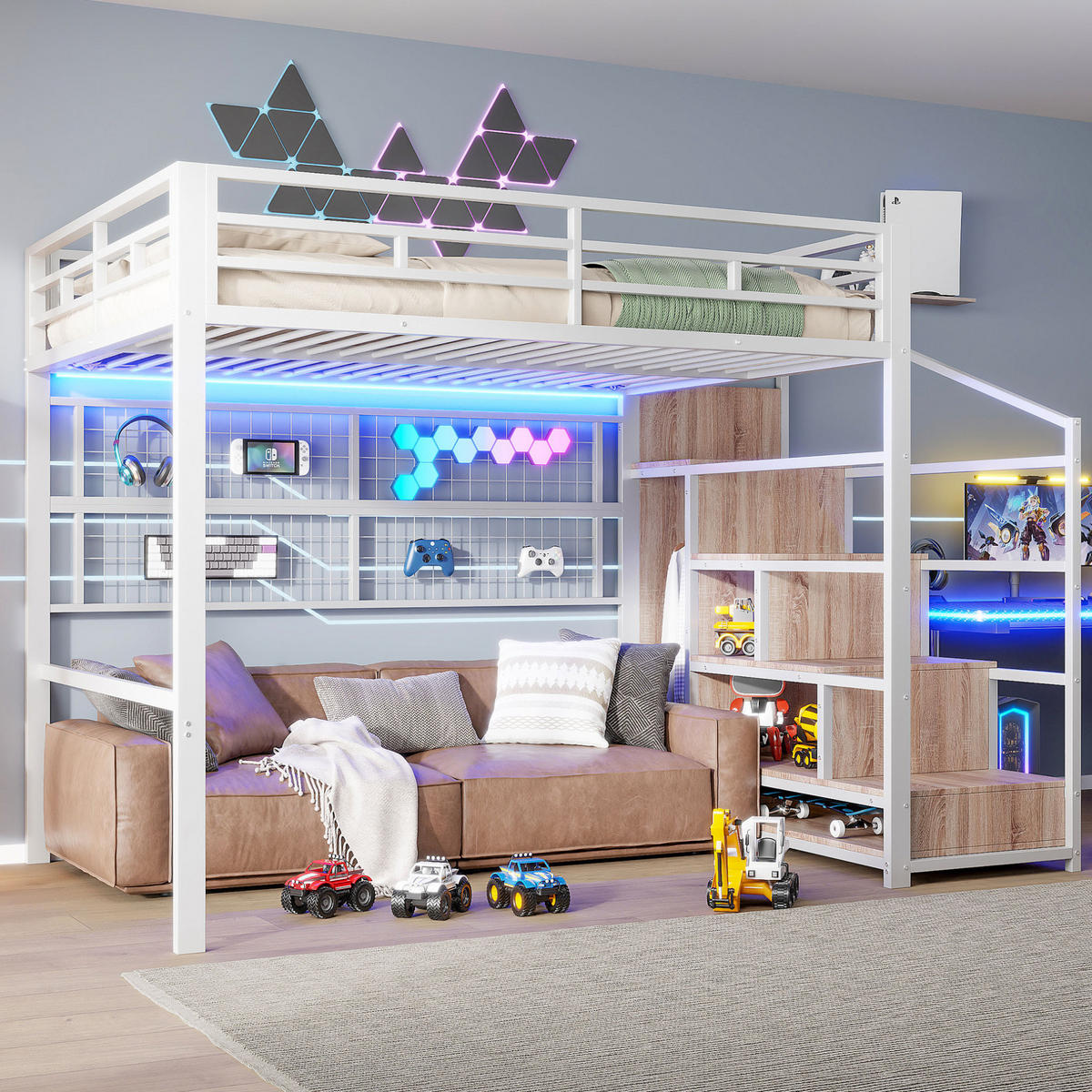 HOCHBETT 140/200 cm aus Metall und MDF mit Kleiderschrankleiter und 7-Farben-LED Weiß - Weiß, Metall (140/200cm) - Modenvie