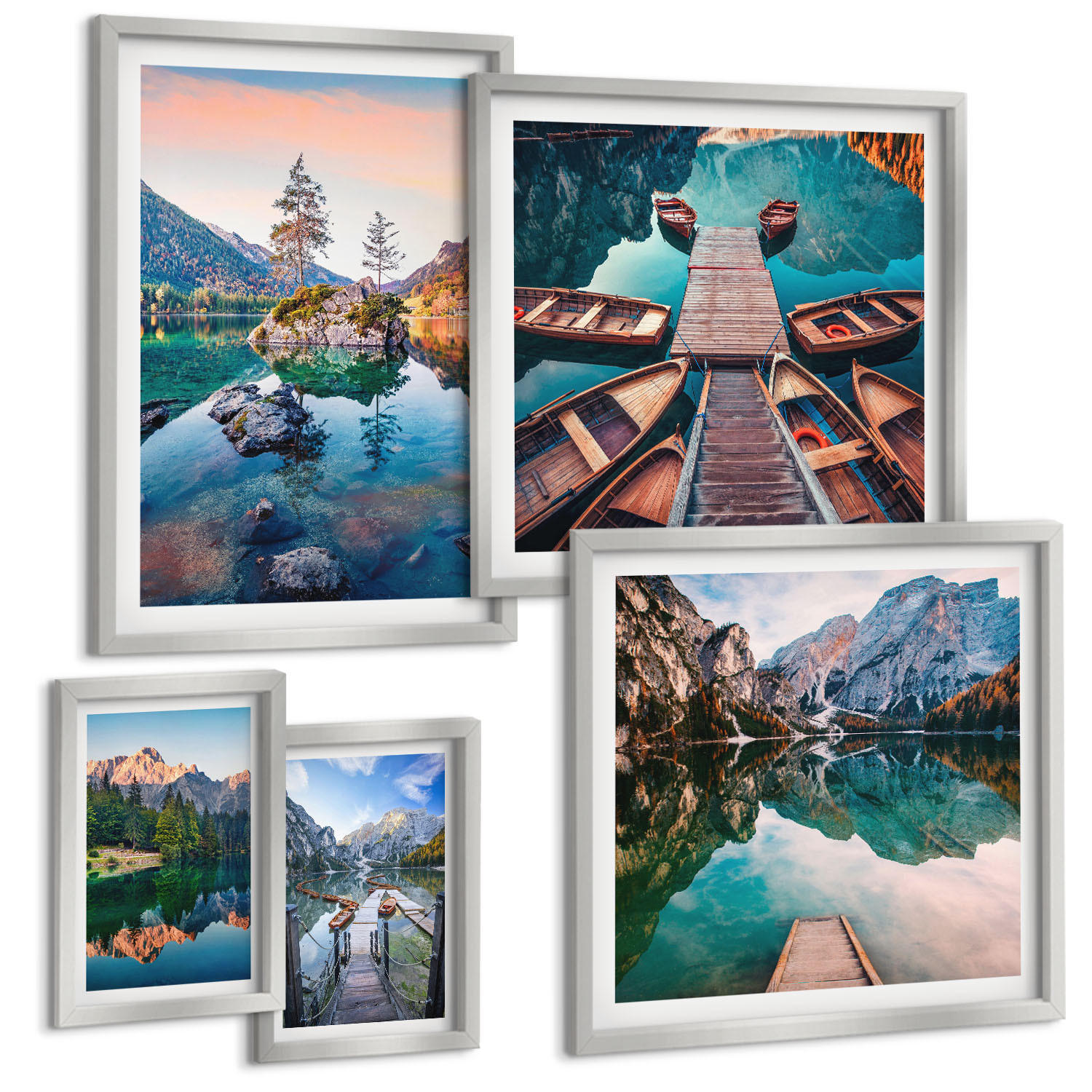 BILDER SET 5er Set - 50x50 cm & 20x30 cm & 40x60 cm Silberner Rahmen - Pfad Wald Wasserfall Vegetation - Silberfarben, Kunststoff (40/60cm) - TULUP