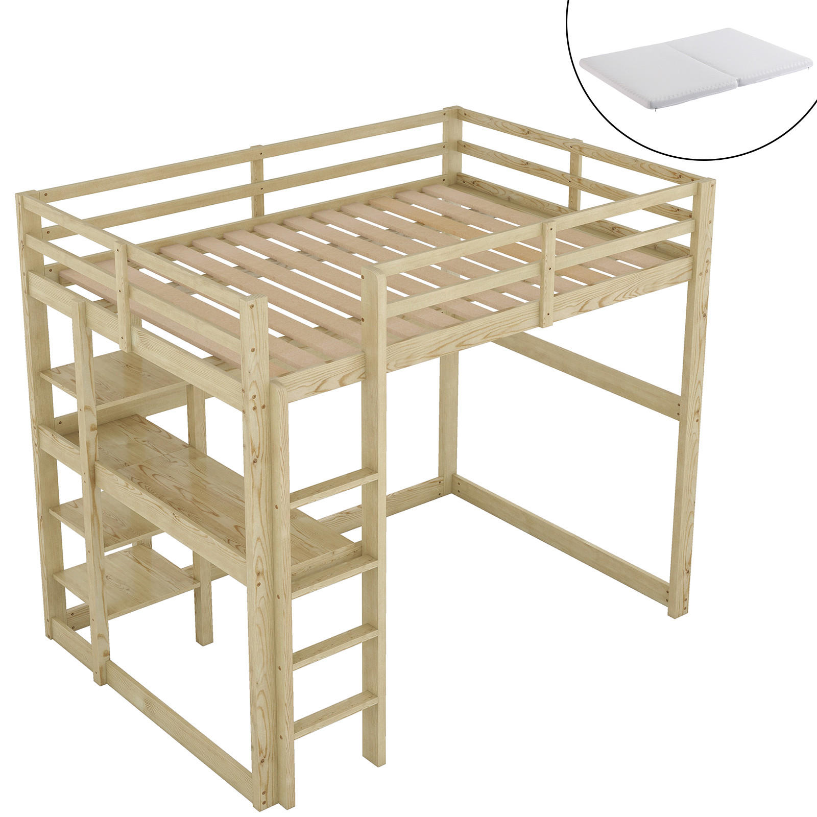 HOCHBETT 140/200 cm Natur mit Schreibtisch und Stauraum mit Matratze - Naturfarben, Holzwerkstoff (140/200cm) - OKWISH