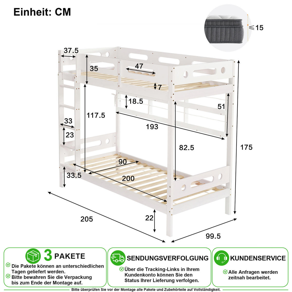 ETAGENBETT 90/200 cm in Weiß & Natur mit Regal und 5-stufiger Leiter - Weiß/Naturfarben, Holz/Holzwerkstoff (90/200cm) - CHICFURN