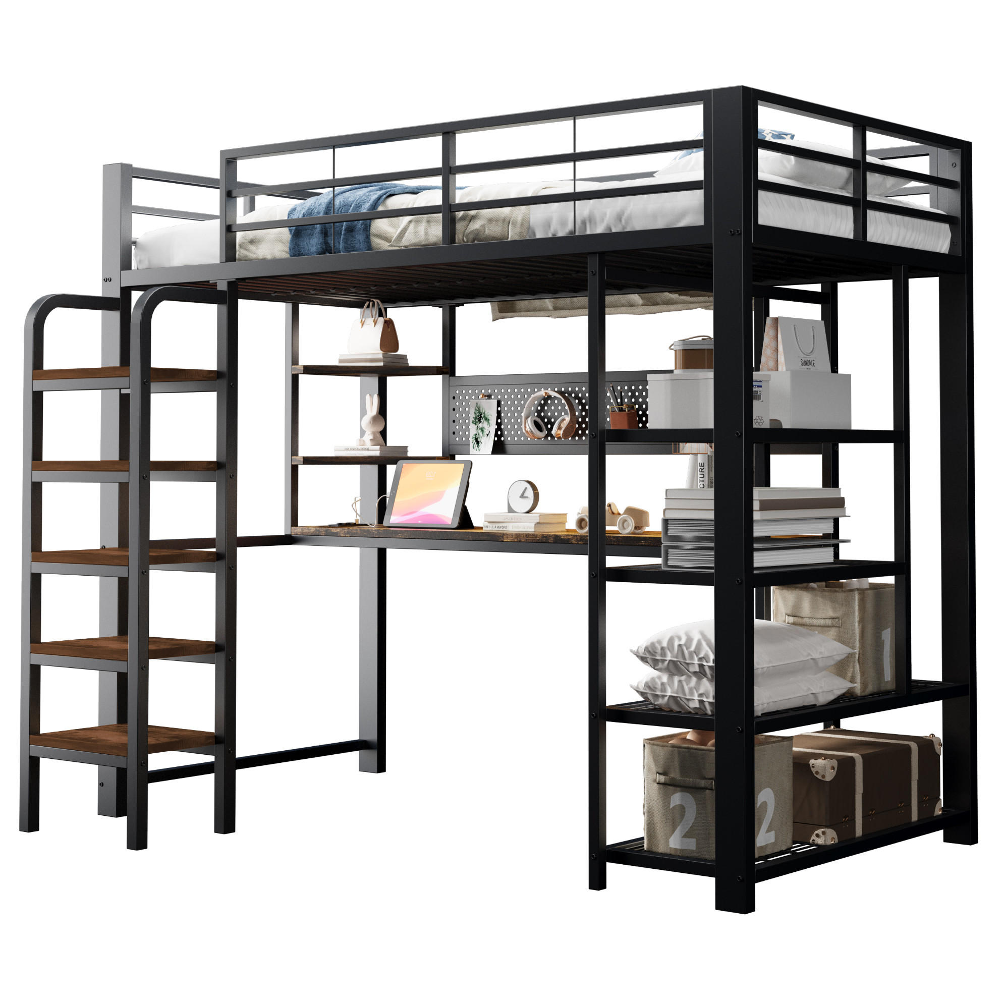 HOCHBETT 90/200 cm aus Metall und Holz mit LED-Beleuchtung und Schreibtisch Schwarz - Schwarz, Metall (90/200cm) - Modenvie