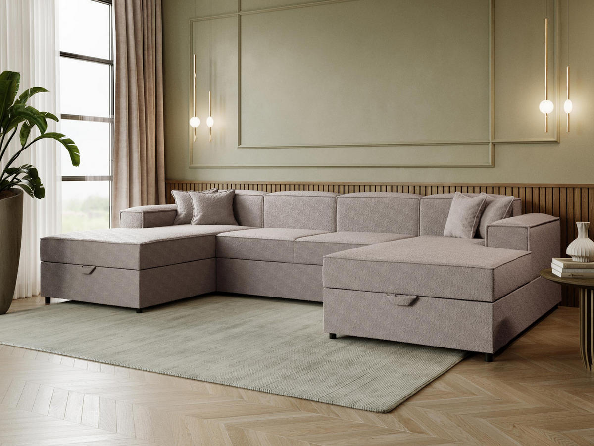 WOHNLANDSCHAFT Santos U Boucle - Beige/Schwarz, Holzwerkstoff/Kunststoff (320/79/166cm) - MIRJAN24