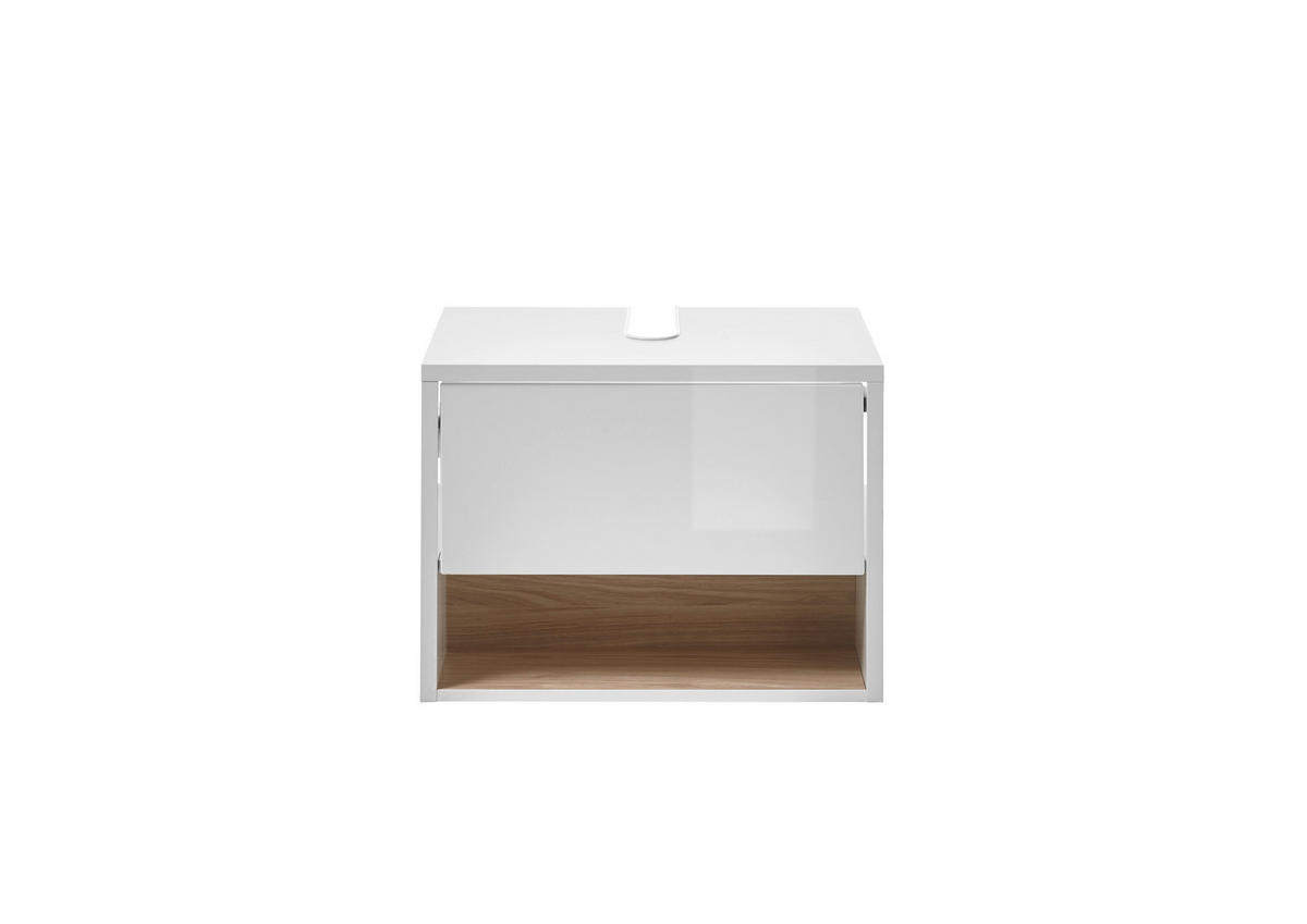 WASCHBECKENUNTERSCHRANK M20 Weiß Hochglanz & Eiche Dekor 60/44/46 cm schmal - Weiß Hochglanz/Eichefarben, Holzwerkstoff (60/44/46cm) - Livojo