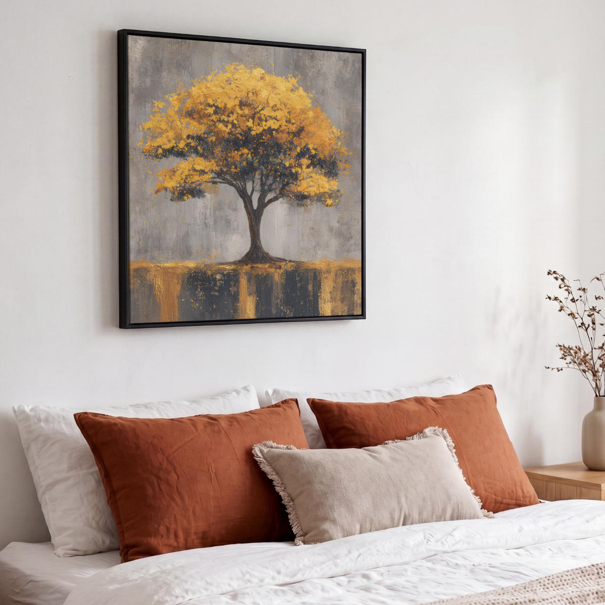 LEINWAND Bilder mit Rahmen - Baum - Blätter - Gold - Abstrakt - 50x50 - Grau, Textil (50/50cm) - MuchoWow
