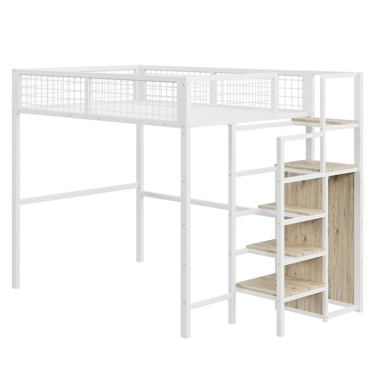 HOCHBETT 140/200 cm Weiß mit Leiter, Kleiderschrank und Regal - Weiß, Metall (140/200cm) - Flora Grace