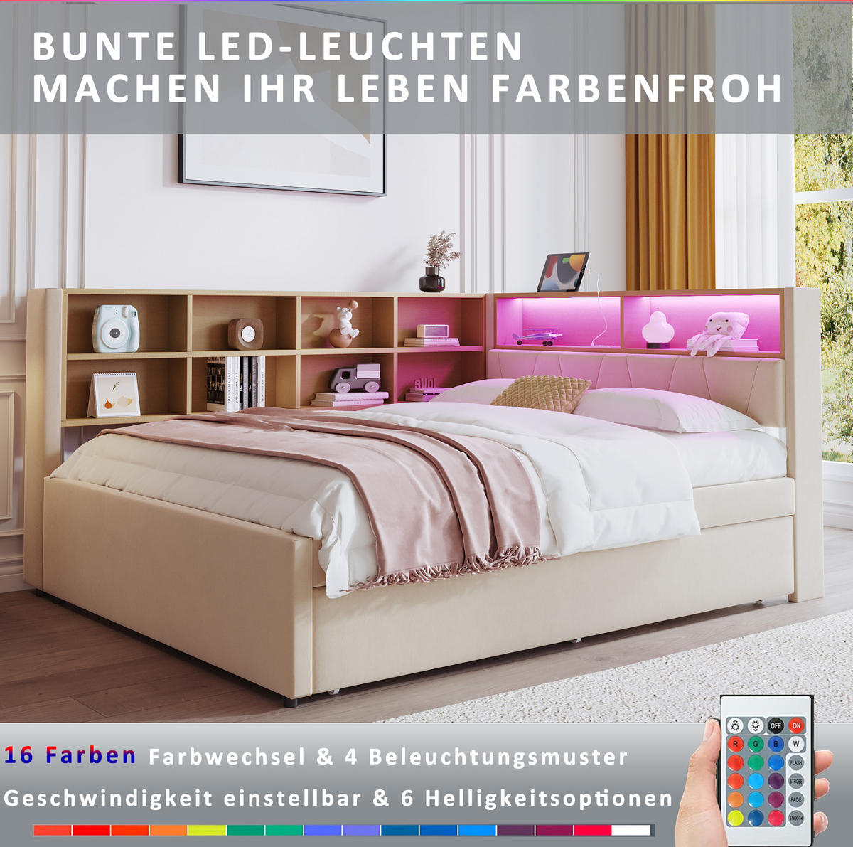 POLSTERBETT 140/200 cm aus Flanell mit LED-Leuchten, Beige - Beige, Textil (140/200cm) - OKMYHOME