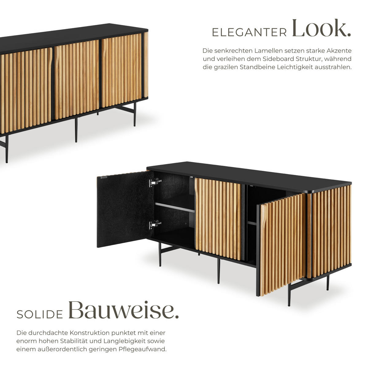 SIDEBOARD Lineo,156 x 45,5 x 74 cm, höhenverstellbare Füße,schwarz/braun - Schwarz/Braun, Holz (156/74/45.5cm) - tectake