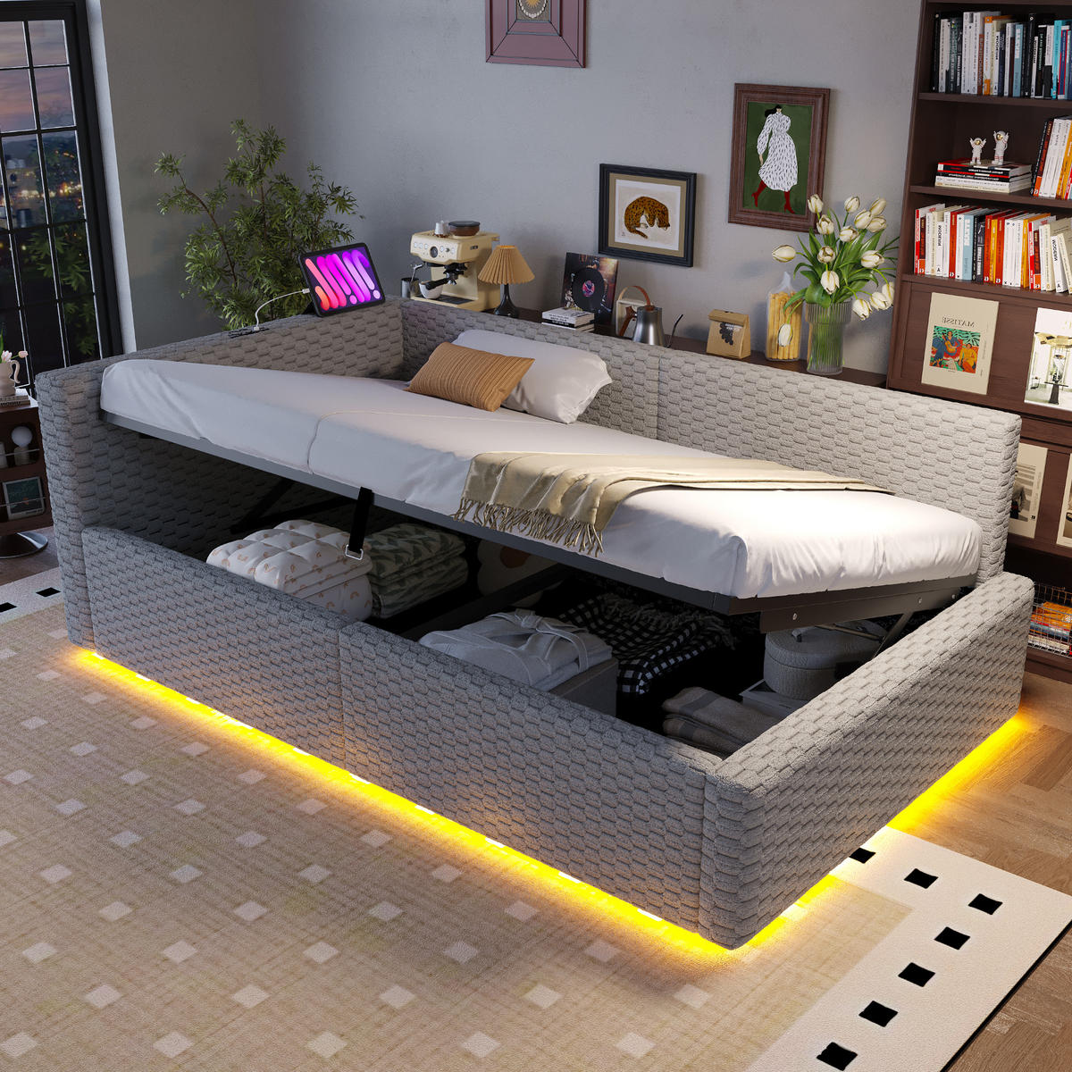 POLSTERBETT 90/200 cm aus Samt mit LED, USB, Typ-C, hydraulischem Bettkasten und L-förmiger Rückenlehne, Grau - Grau, Holzwerkstoff (90/200cm) - Redom