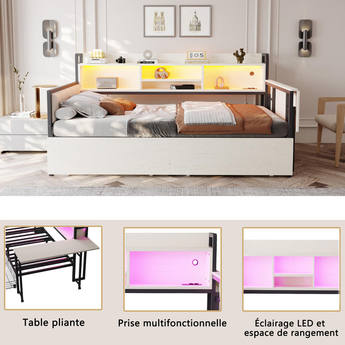 SCHLAFSOFA 90/200 cm in Weiß mit 2 Schubladen, LED und USB - Weiß, Holzwerkstoff/Metall (90/200cm) - WISHDOR
