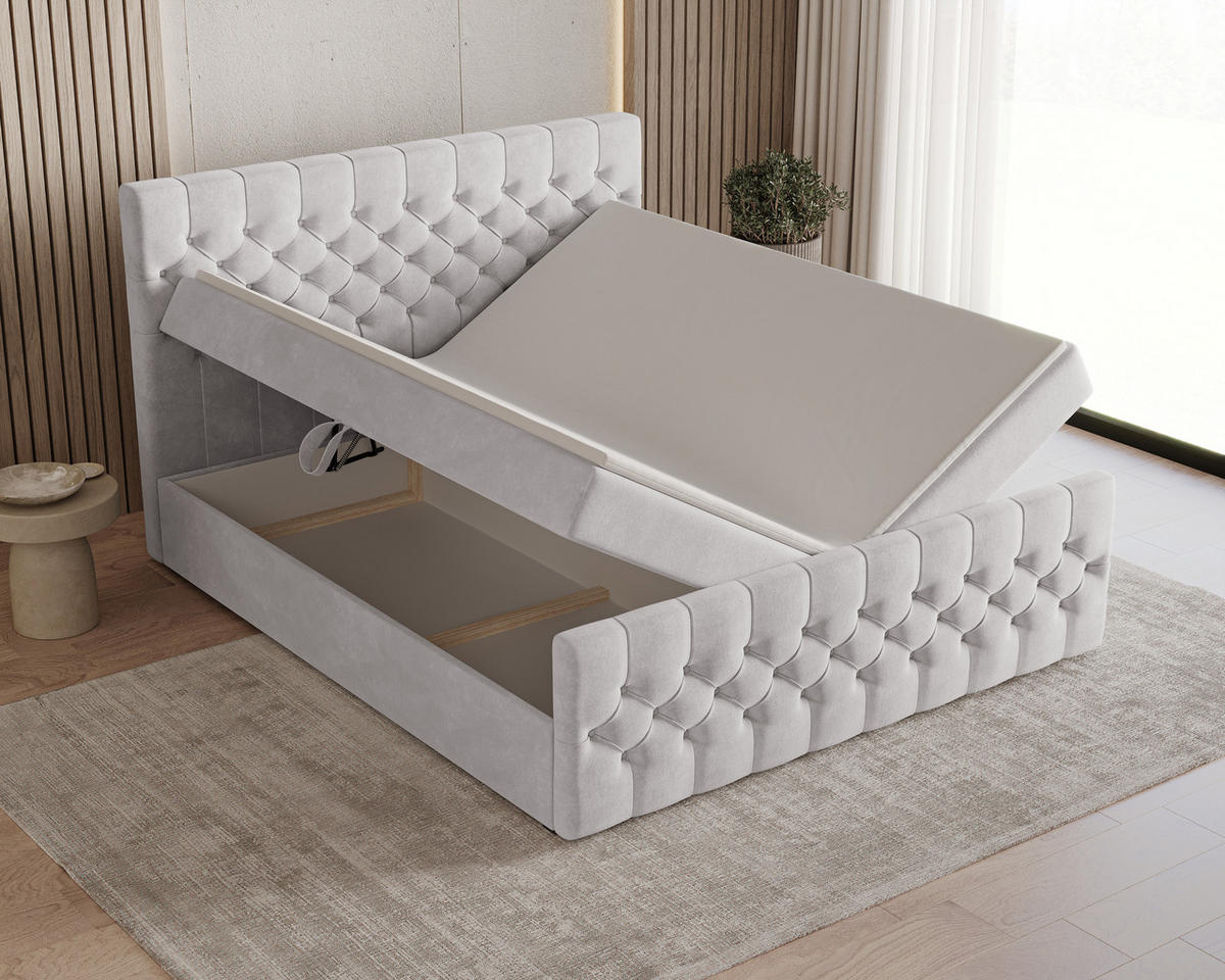 BOXBETT 12 160 x 200 cm - Manila - Modernes Polsterbett mit Bettkasten inkl. PU-Schaum-Topper und Federmechanismus - Silberfarben, Holz (160/200cm) - ROYAL24_MARKT