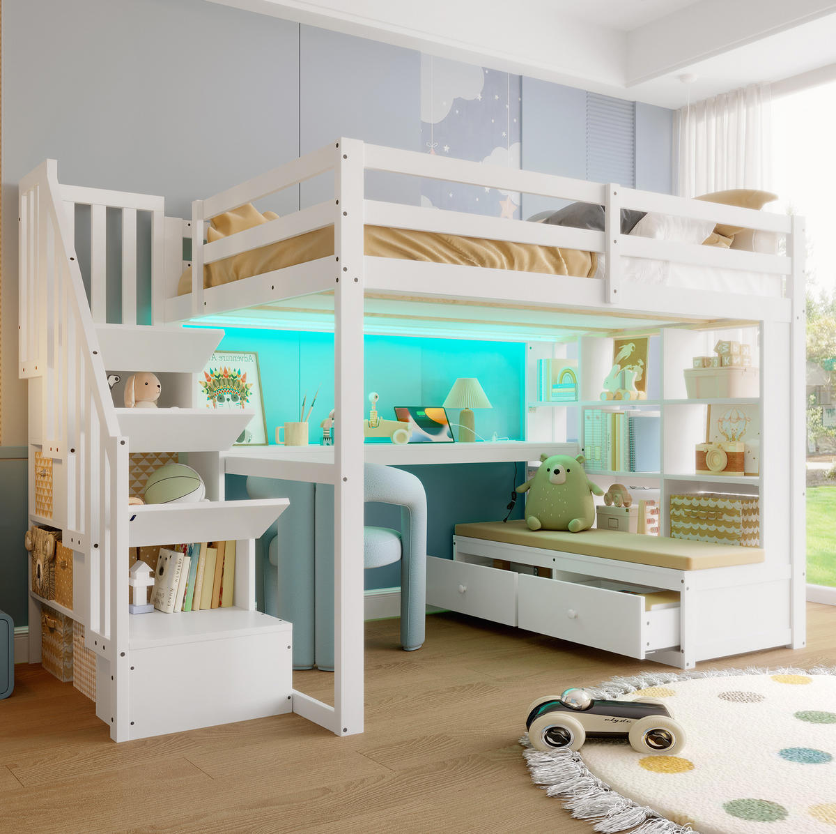 HOCHBETT 140/200 cm mit Schreibtisch, Regalen, Stauraumtreppe, 2 Schubladen und LED-Beleuchtung, Weiß - Weiß, Holzwerkstoff (140/200cm) - Redom