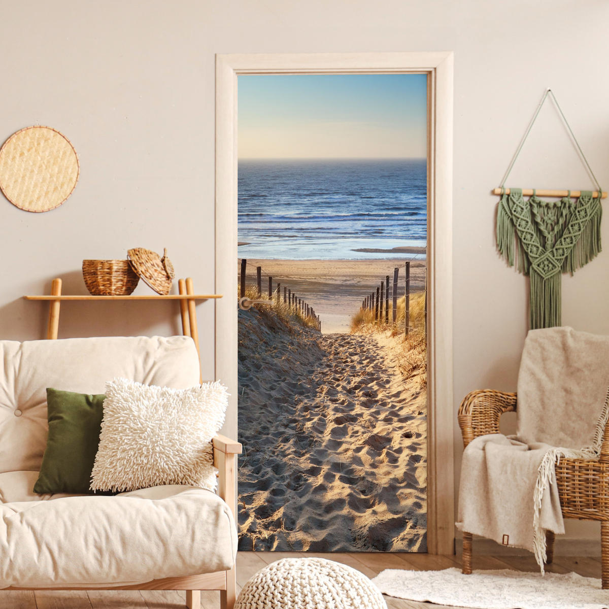 FOTOTAPETE Tür - Strand - Meer - Niederlande - Dünen - Sonne 90x205 cm - Blau, Kunststoff (90/0.1cm) - MuchoWow