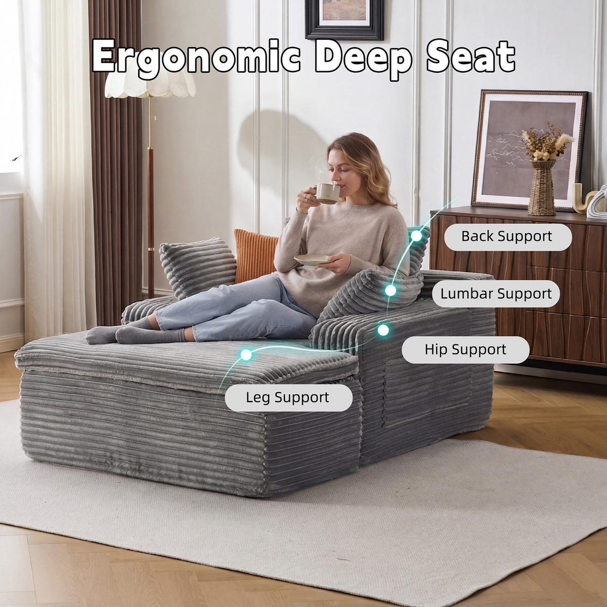 KLAPPSOFA mit 2-in-1-Funktionskissen, Cordstoff - Grau - Grau, Textil (113/63/164cm) - KOMHTOM