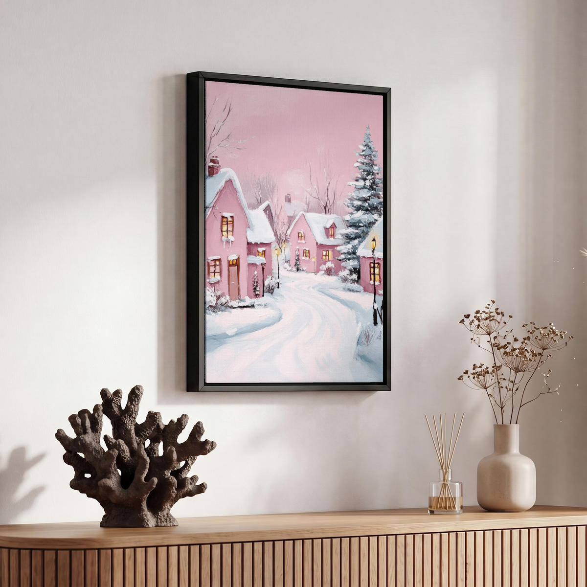 LEINWAND Bilder mit Rahmen - Weihnachtsdorf - Rosa - Winter - Schnee - Häuser - 20x30 - Altrosa, Textil (20/30cm) - MuchoWow