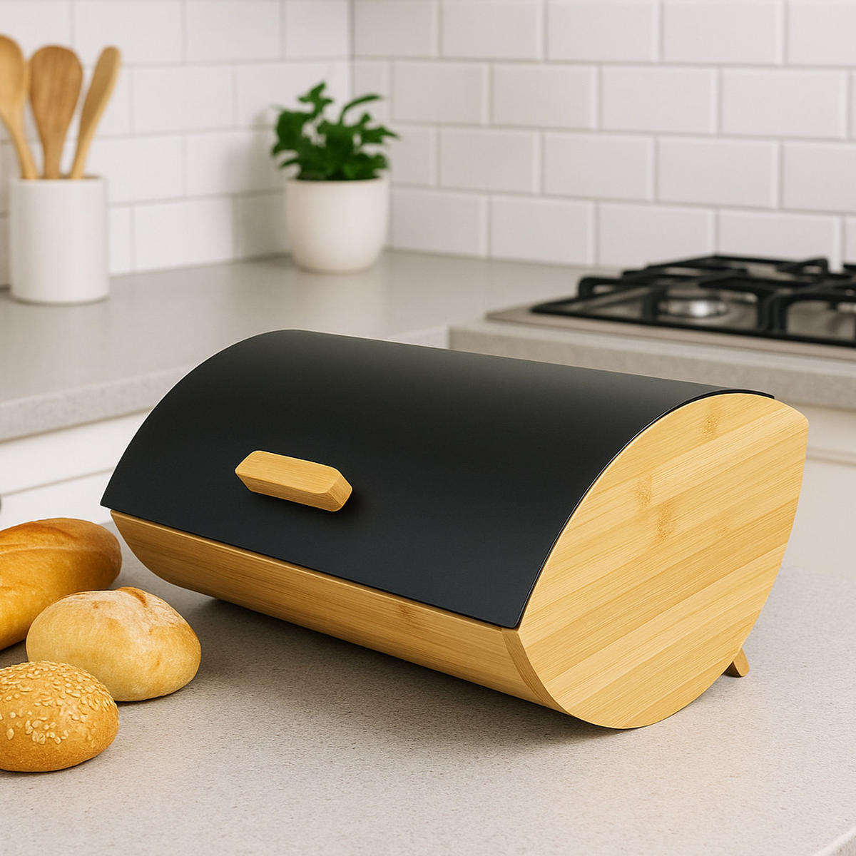 BROTKASTEN Bambus Metall Naturfarben Schwarz zum Aufklappen 35x25x15,5 cm - Schwarz/Naturfarben, Holzwerkstoff/Metall (35/15.5/25cm) - Begryf