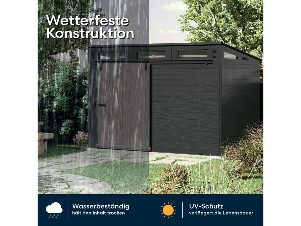 GERÄTEHAUS 328 x 222 x 227 cm mit Schiebetür und Holzoptik-Front, 13,7 m³ Stauraum, Aufbewahrungskorb, Regale und Werkzeughaken enthalten - Braun, Kunststoff (122/52/226cm) - Suncast