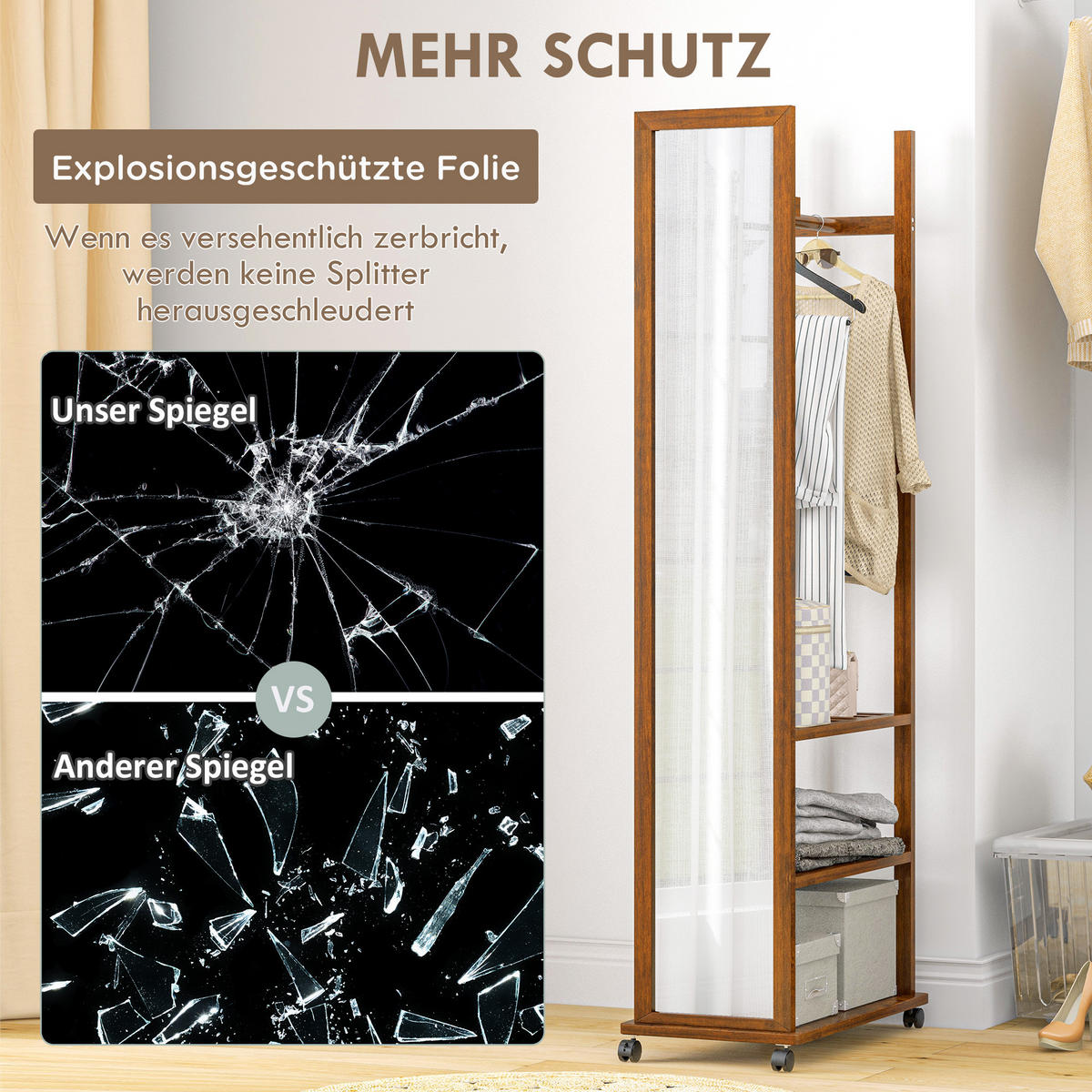 STANDSPIEGEL mit Ständer, 24,8 x 153,8 cm, mit 3 Ebenen, Kleiderstang - Naturfarben, Glas (59.8/170/35.8cm) - HOMCOM