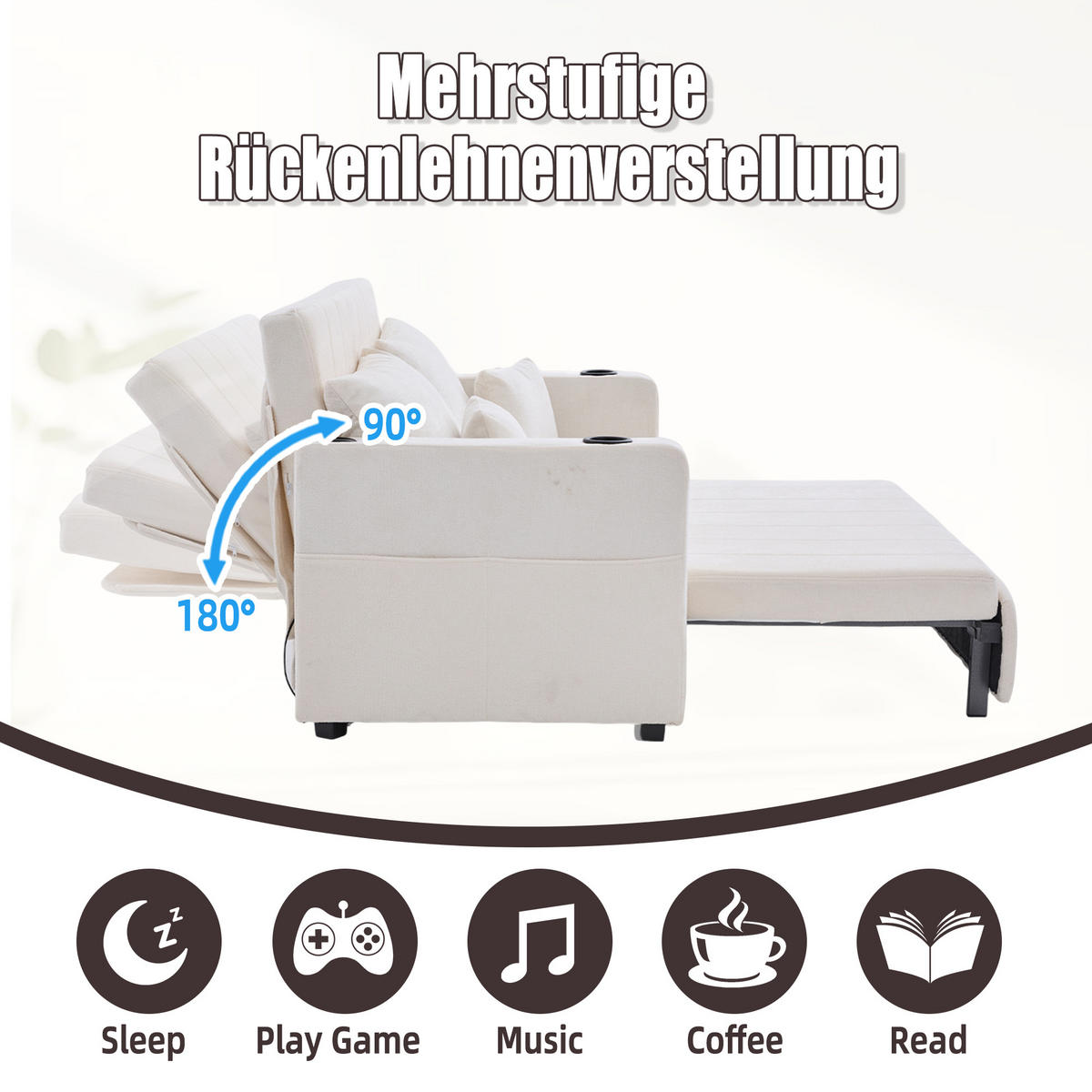SCHLAFSOFA klappbar mit USB und Getränkehaltern, Beige - Beige, Textil (139/83/73cm)
