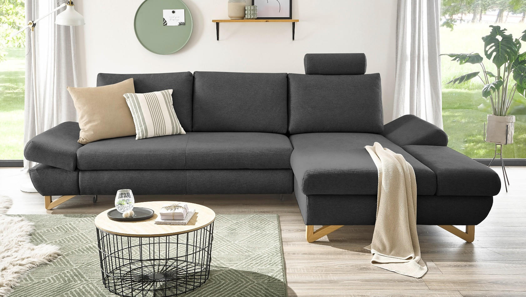ECKSOFA grau Velours, Sofa mit Bettfunktion und Stauraum 284 cm - Grau, Holz/Textil (284/166cm) - Furn.Design