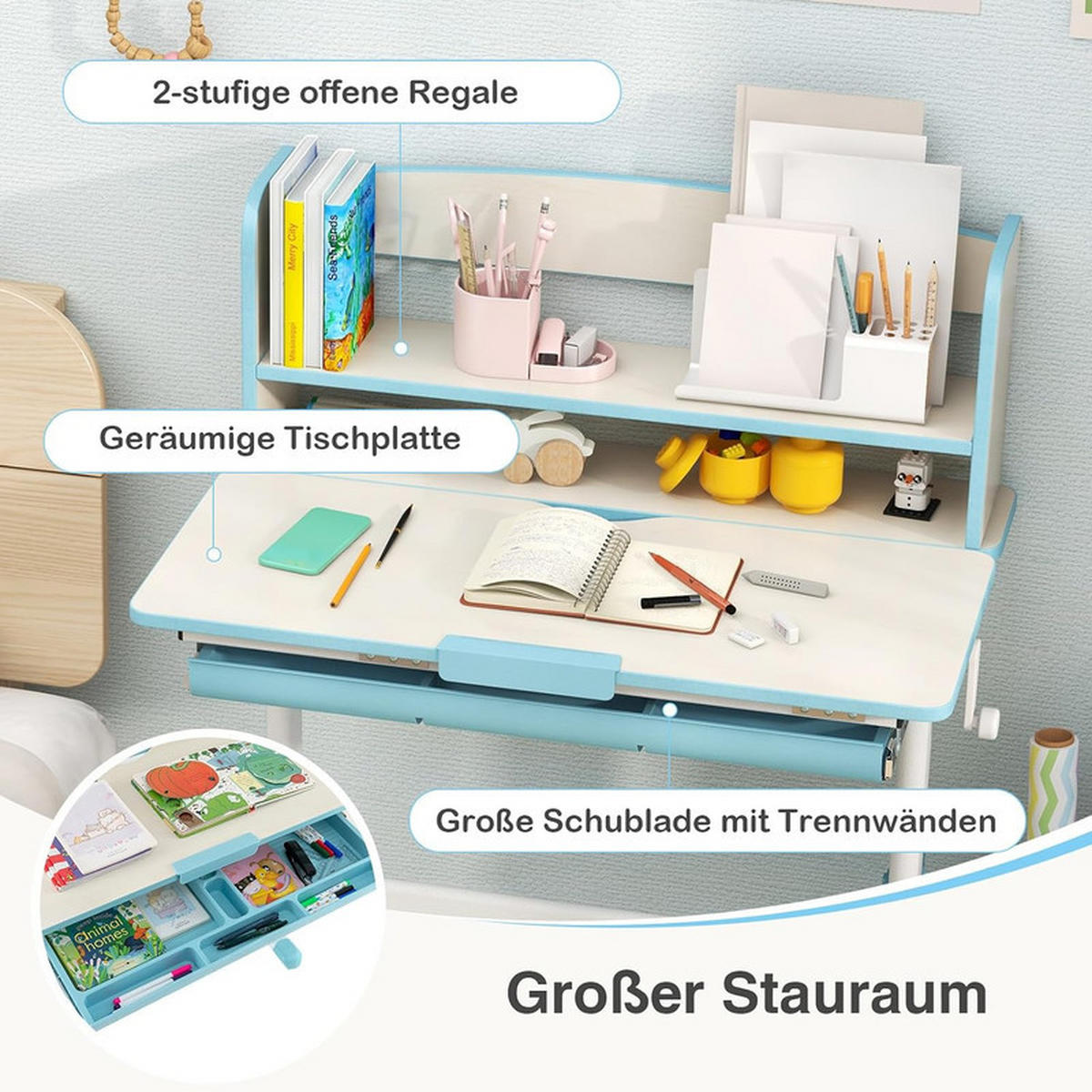 KINDERSCHREIBTISCH Höhenverstellbarer blau - Blau, Metall (80/81.5/51cm) - COSTWAY