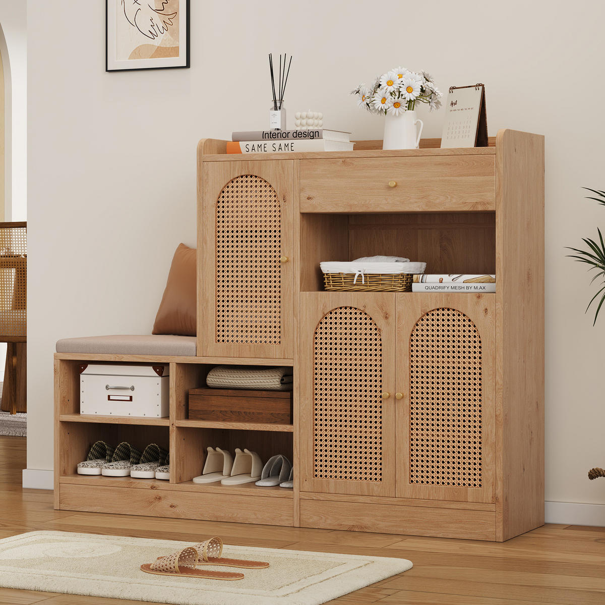 SCHUHSCHRANK 142/35/110 cm Natural aus Spanplatte mit Bank und Rattantüren - Naturfarben, Holzwerkstoff (142/110/35cm) - OKWISH