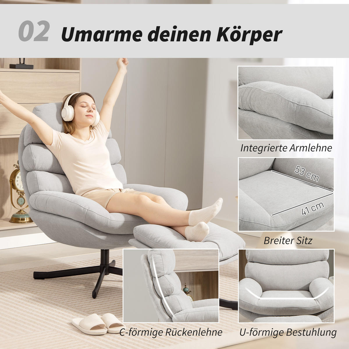 RELAXSESSEL mit Hocker Sessel Loungesessel mit Chenille-Optik Cremeweiß - Blau/Creme, Textil/Metall (78/100/93cm) - HOMCOM