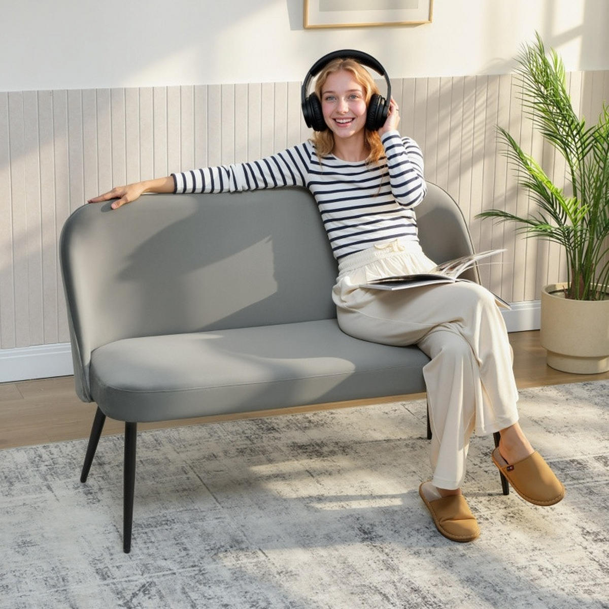 2-SITZER 127/63/84.5 cm Grau aus Metall und Eukalyptusholz - Grau, Metall (63/84.5/127cm) - OKMYHOME
