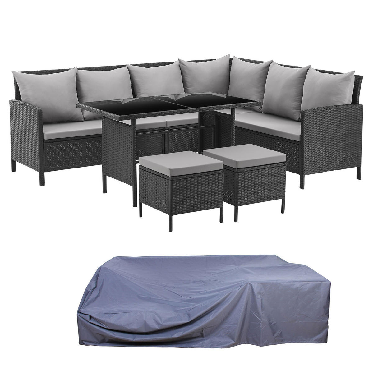 RATTAN-LOUNGE Madison - Schwarz/Grau, Kunststoff - SVITA