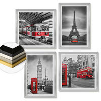 WANDBILDER 4er Set - 50x50 cm & 40x60 cm Silberner Rahmen - Rote Busse in der Stadt - Silberfarben, Kunststoff (50/50cm) - ArtPrintCave