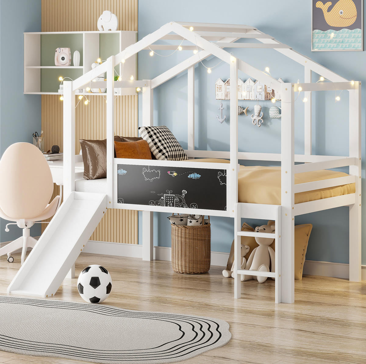 KINDERHOCHBETT 90/200 cm Weiß mit Rutsche und Tafel - Weiß, Holz (90/200cm) - MIVRAY