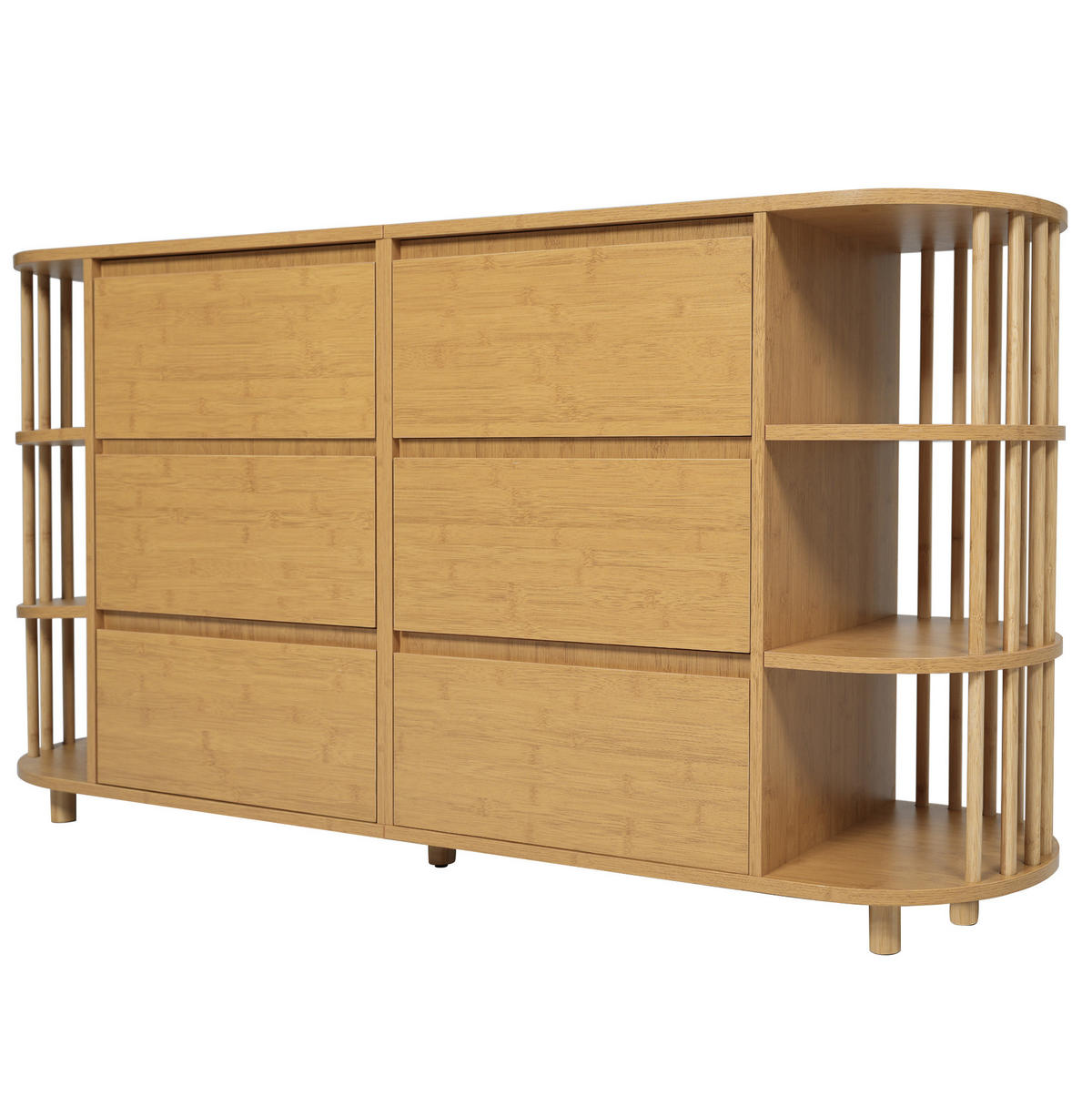 SIDEBOARD aus MDF und Bambus 40x160x75 cm Eiche mit 6 Schubladen und offenen Regalen - Naturfarben, Holzwerkstoff (160/75/40cm) - IVMEU