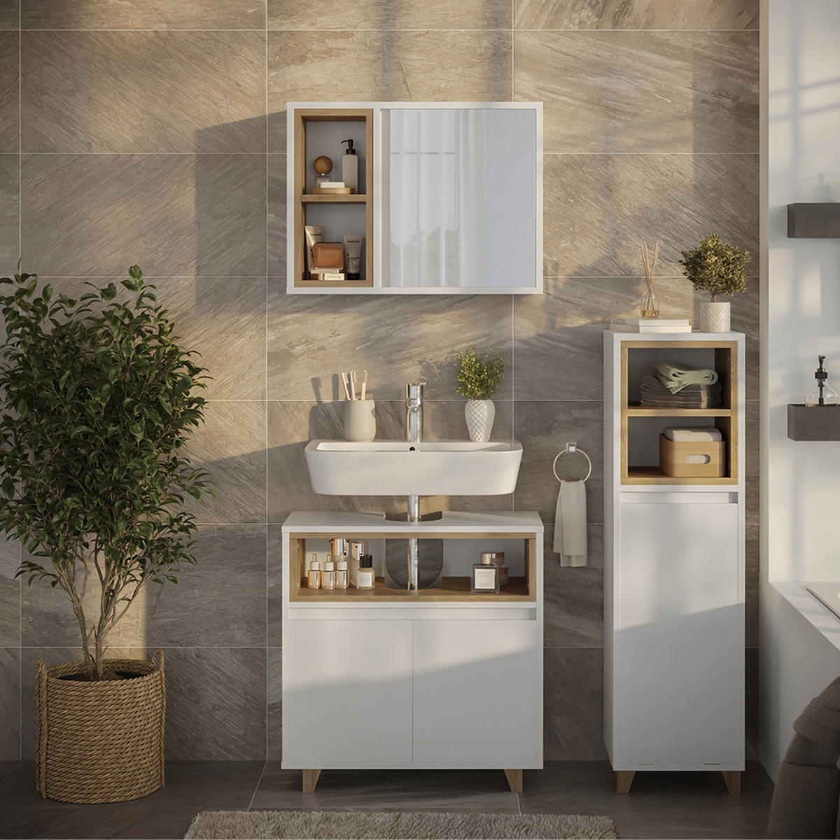 KOUPELNOVÝ NÁBYTEK Elnor Bílá/dub - bílá, kompozitní dřevo (60/61/30cm) - Vicco