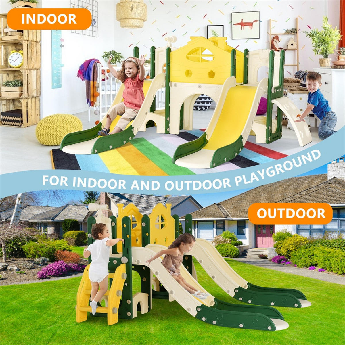 DOPPELRUTSCHE für Kinder mit Klettergerüst, Kletterwand, Spieltunnel und Teleskop - Indoor & Outdoor Spielplatz - Multicolor, Kunststoff (166/96.5/203cm) - DELFA