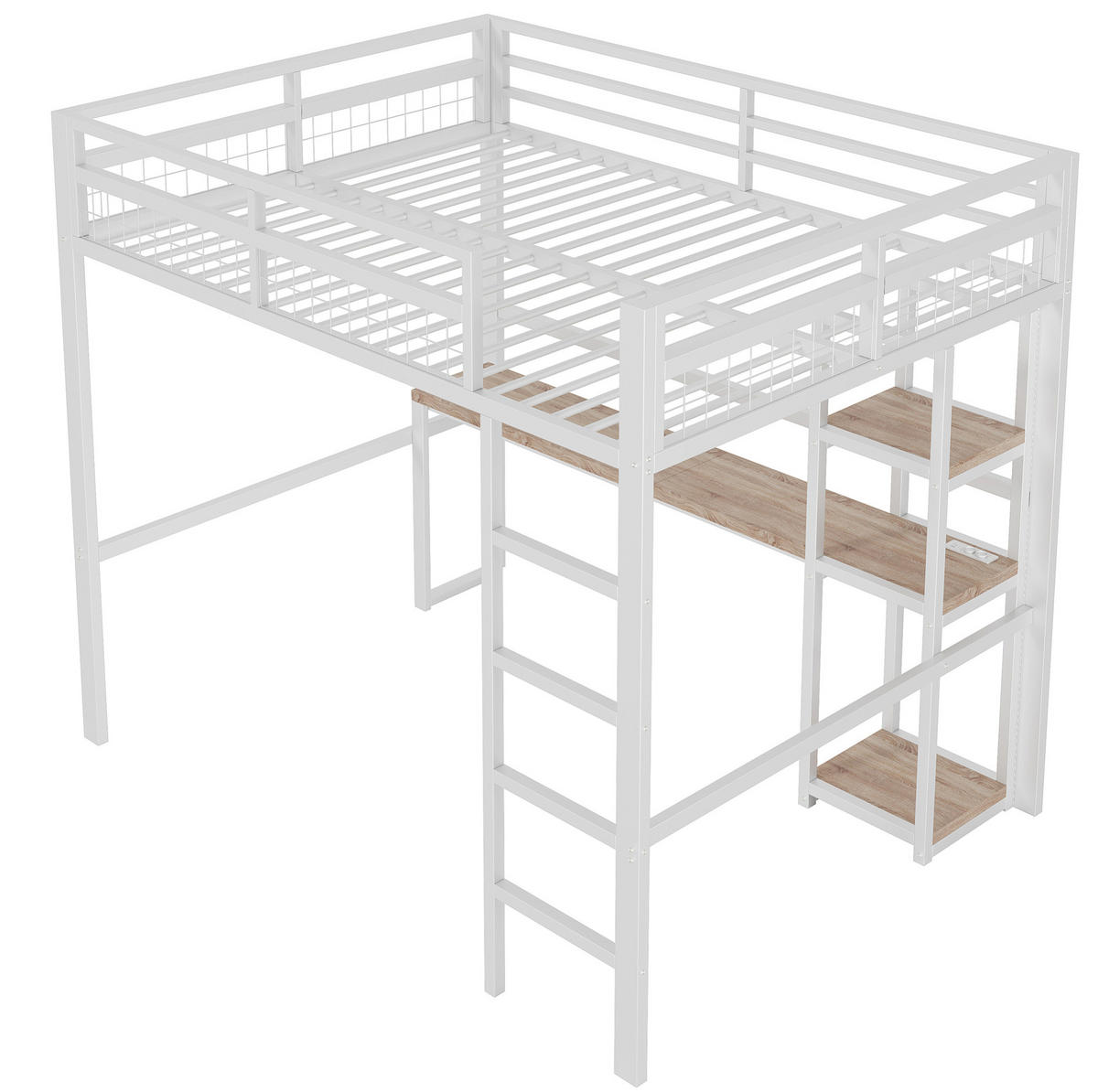 HOCHBETT 140/200 cm in Weiß – mit Schreibtisch, Regalen und Leiter - Weiß, Metall (140/200cm) - BEAOK