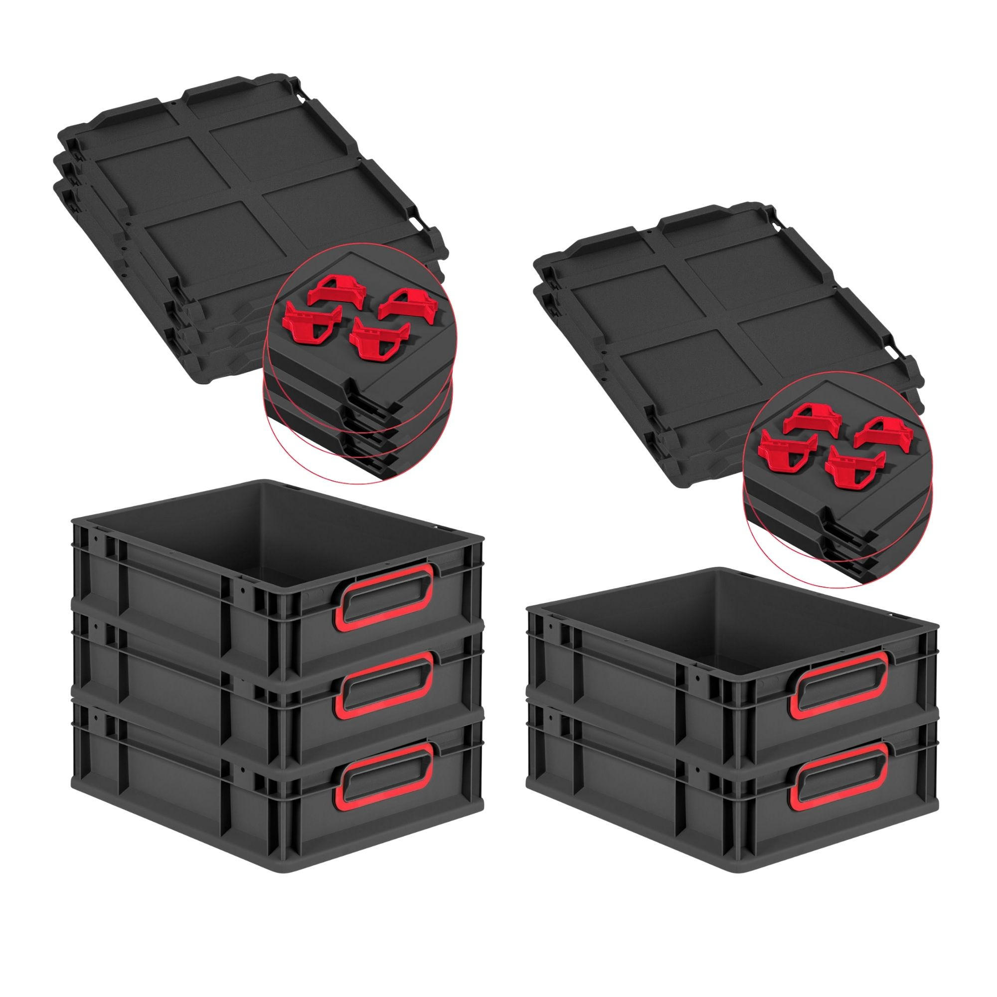 EUROBOX 5x NextGen Color mit Auflagedeckel 12x30x40 cm 11 Liter Schwarz Griffe rot zu - Rot/Schwarz, Kunststoff (30/12/40cm) - PROREGAL