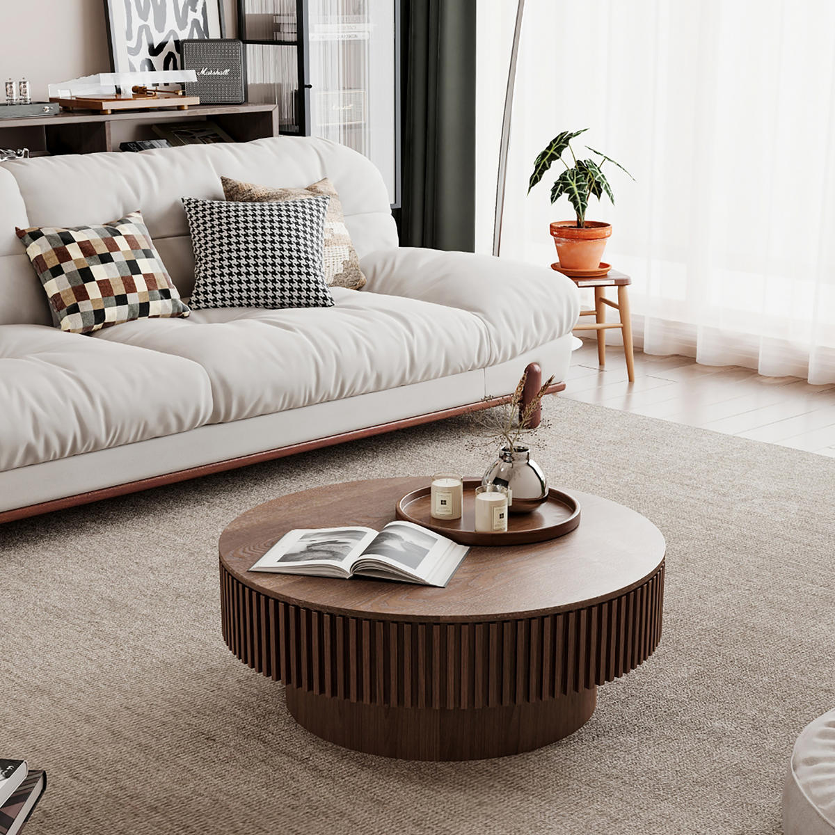 COUCHTISCH DE-37318 rund mit verstecktem Stauraum und Rillendesign Walnuss - Walnussfarben, Holzwerkstoff (75/75/35cm) - ComfortXL