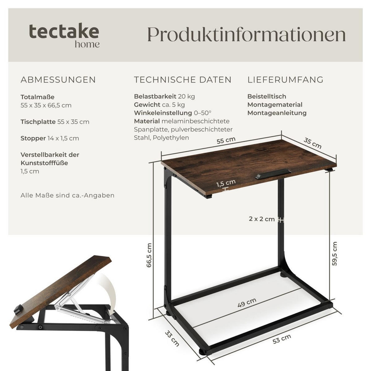 BEISTELLTISCH Ruston, 55 x 35 x 66,5 cm, Industrial Holz dunkel, rustikal - Rostfarben, Holzwerkstoff (55/35/66.5cm) - tectake