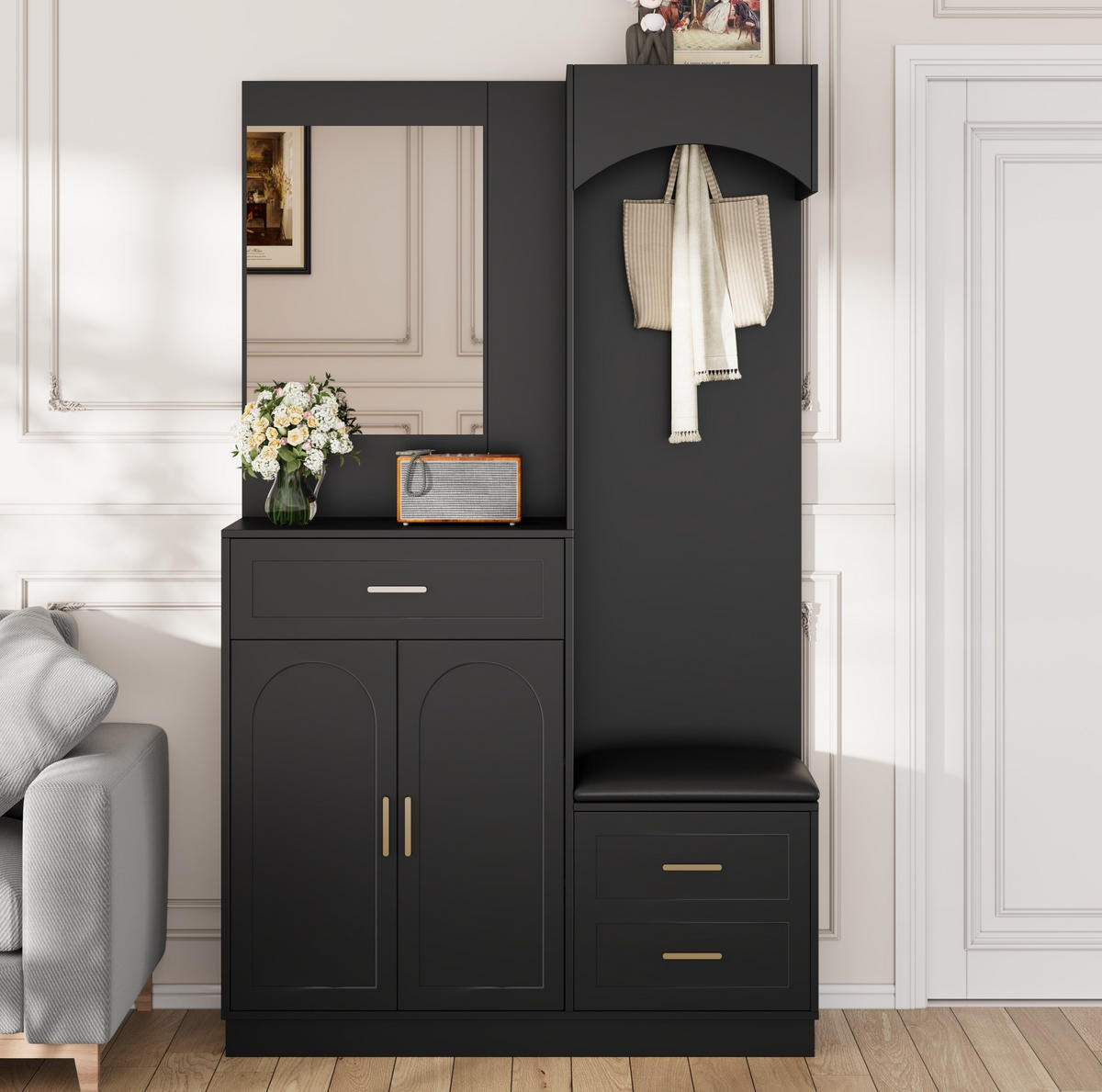KOMPAKTGARDEROBE 110/33/185,5 cm aus MDF mit Spiegel und Schuhbank Schwarz - Schwarz, Holzwerkstoff (110/185.5/33cm) - Modenvie