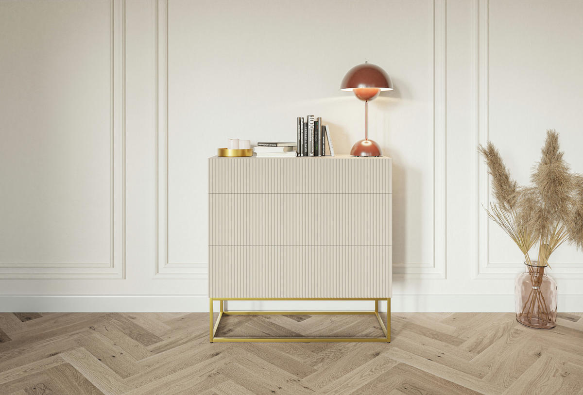 KOMMODE Veldio Greige mit 3 Schubladen 90 cm - Taupe/Goldfarben, Holzwerkstoff/Metall (90/90/38cm) - Selsey