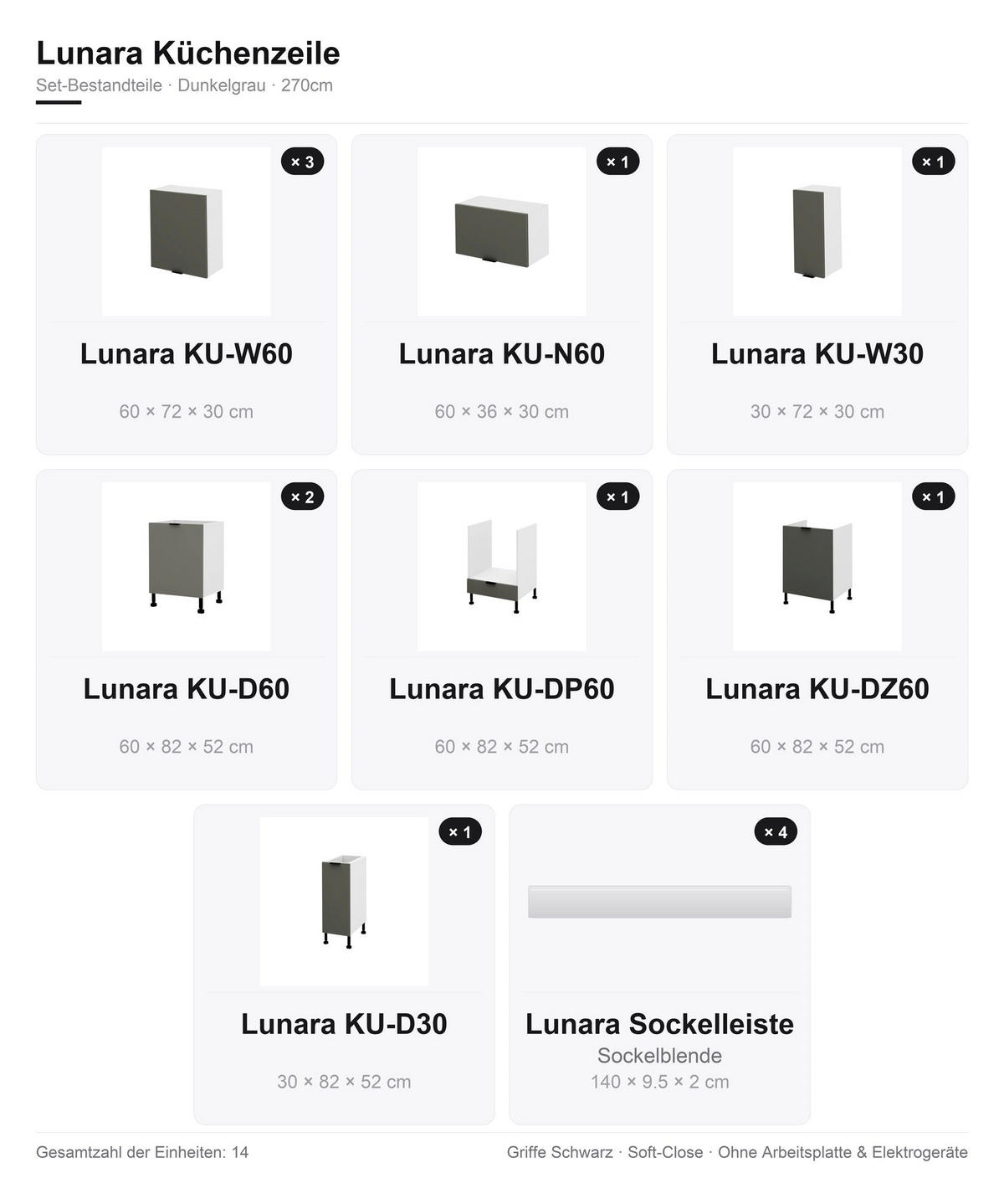 KÜCHENZEILE – 270 cm – KU-SA16 – Lunara – Dunkelgrau – ohne E-Geräte - Dunkelgrau/Schwarz, Holzwerkstoff/Metall (270/214/52cm) - hi-markt