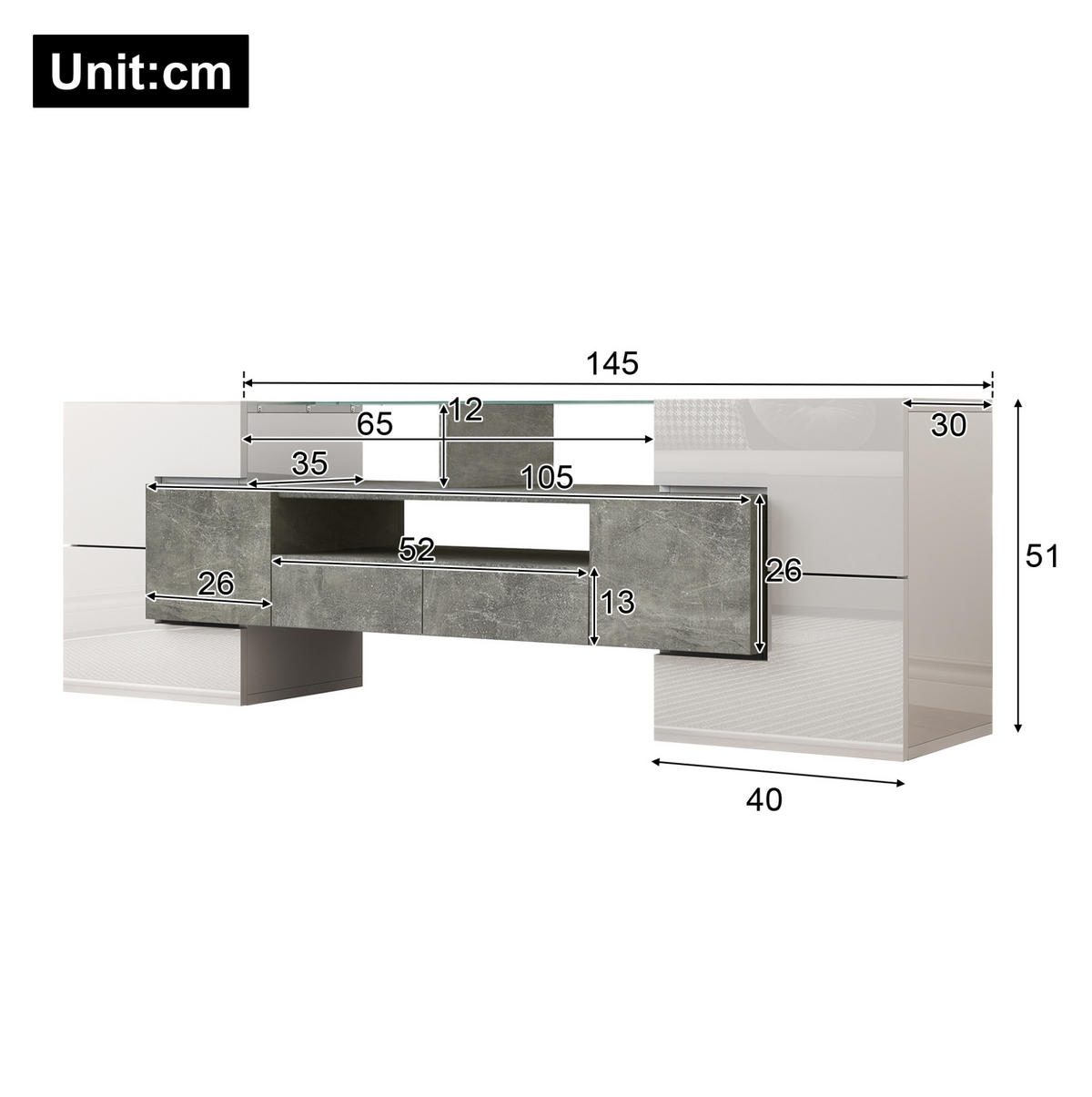 TV-SCHRANK mit LED-Beleuchtung 145 x 30 x 51 cm Weiß-Beton - Beige, Holzwerkstoff (30/51/145cm) - Beauniv