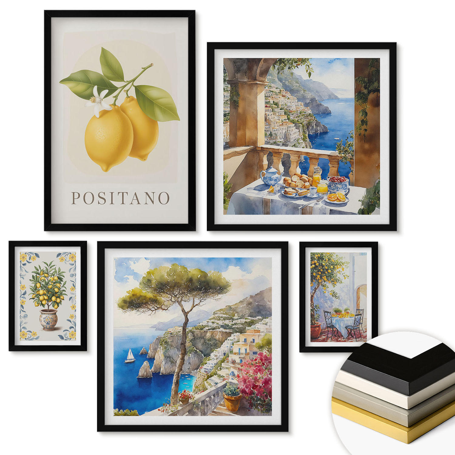 WANDBILDER 5er-Set - 50x50 cm & 20x30 cm & 40x60 cm Schwarzer Rahmen - Charmante Straßen mit Pflanzen - Schwarz, Kunststoff (40/60cm) - ArtPrintCave