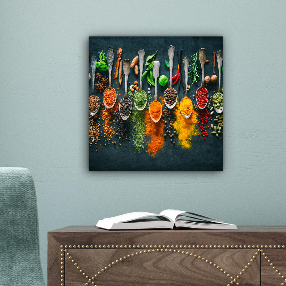 LEINWANDBILD Kräuter - Gewürze - Löffel Deko Wohnzimmer 20x20 cm - Currygelb, Textil (20/20cm) - MuchoWow
