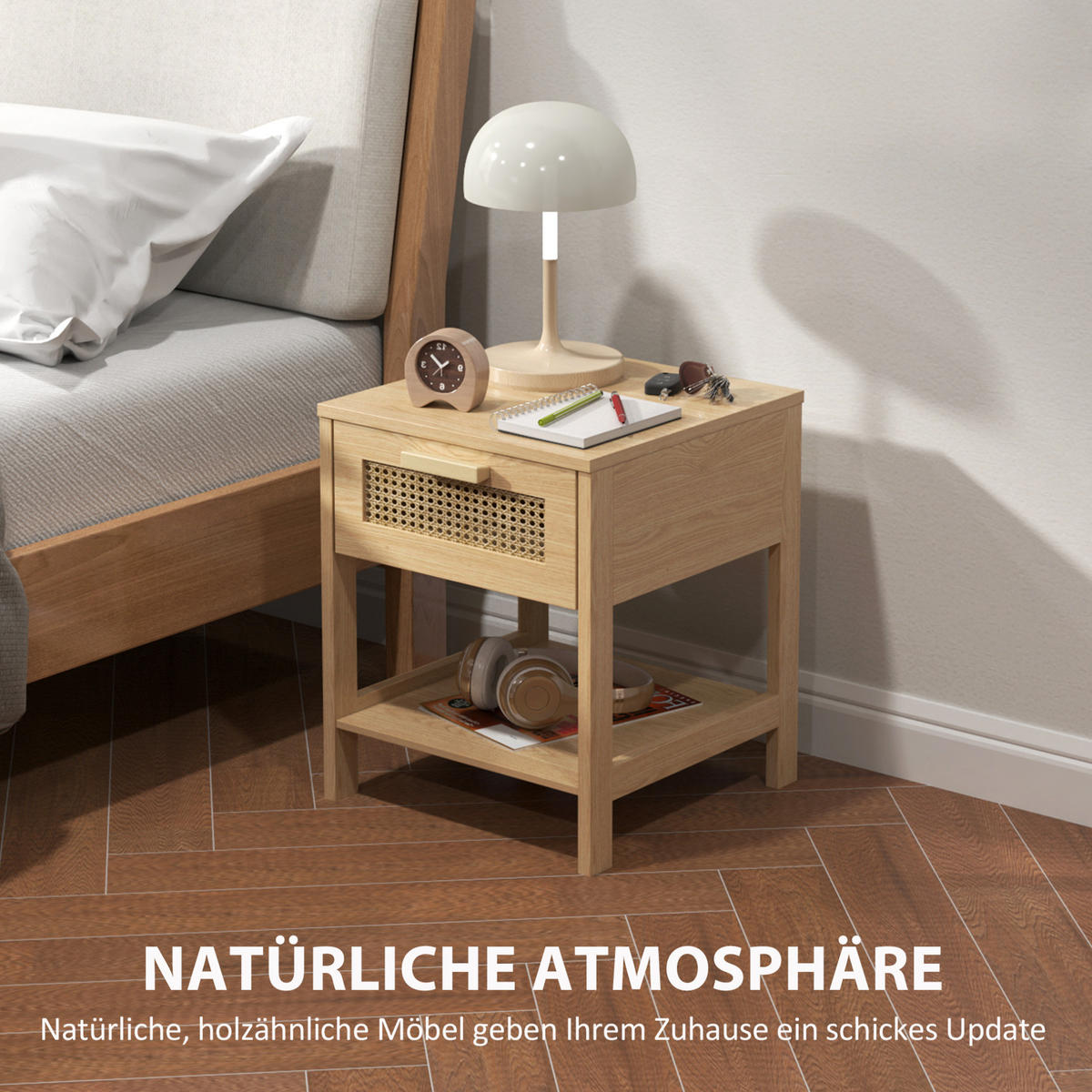NACHTTISCH 40/40/48,4 cm mit Schublade & offenem Fach in Natur mit Rattan-Optik - Hellbraun, Holz (40/48.4/40cm) - BEAOK